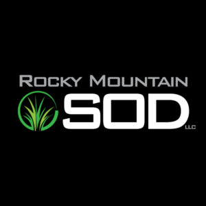 Company logo against a black background. On the bottom right is a symbol resembling nine blades of grass in two shades of green surrounded by a green circle. Above the symbol, gray text reads ROCKY MOUNTAIN. To the right of the symbol, white text reads SOD.