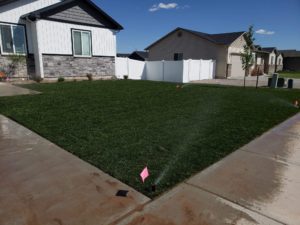 A house with a new sod lawn. The sprinklers are watering the lawn.