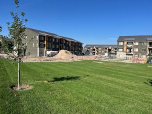 A newly built apartment complex with a new sod lawn.